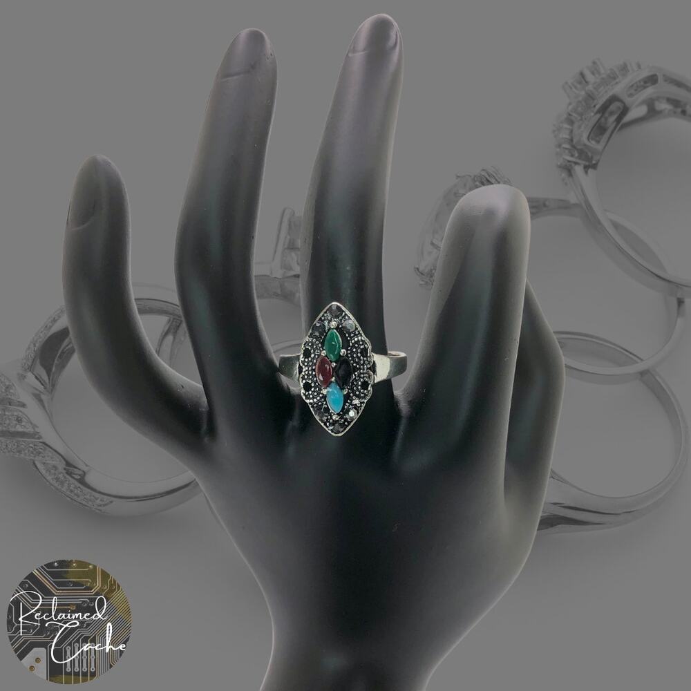 Silver and Multicolor Rhinestone Statement Ring - Size 10